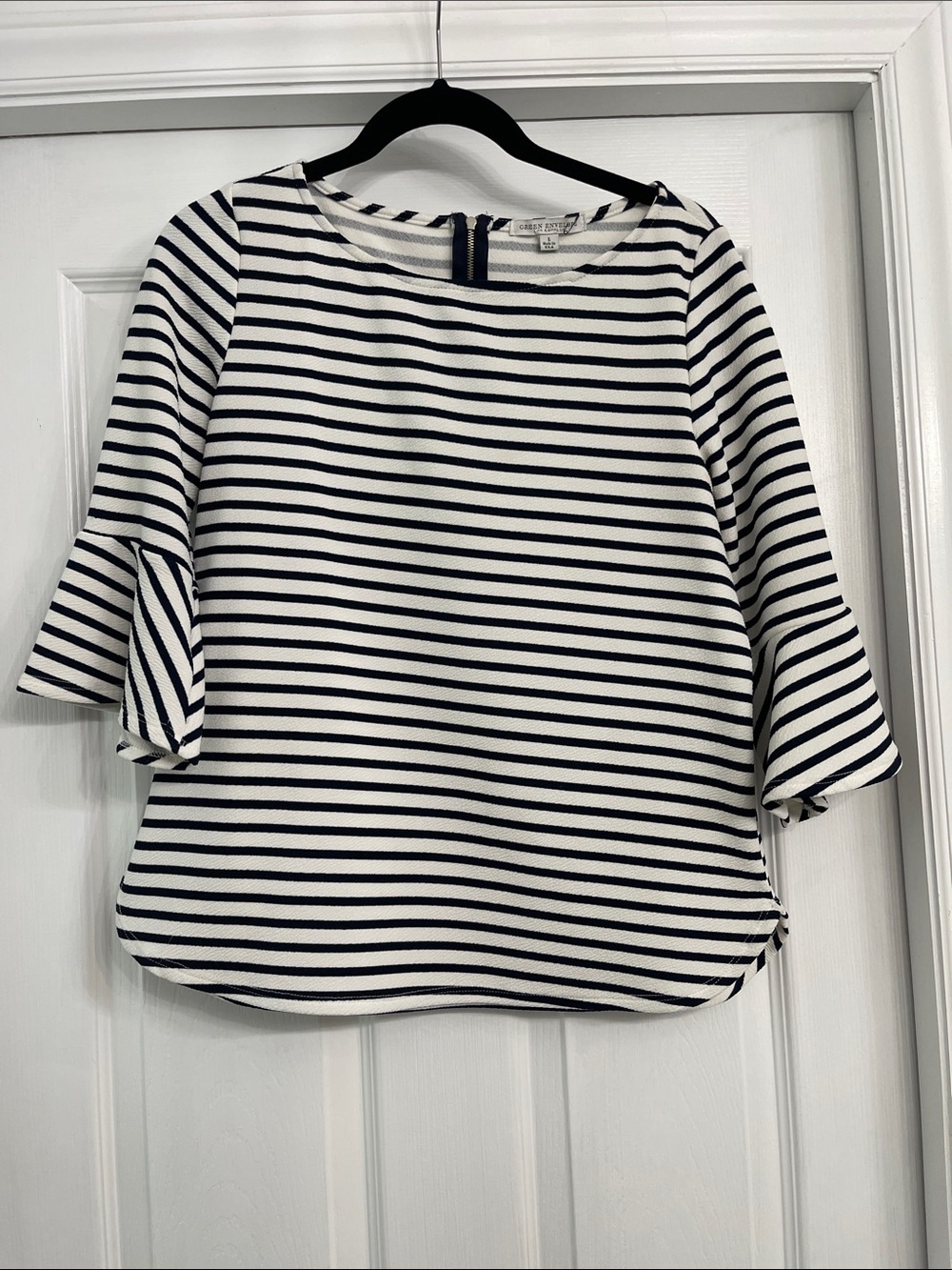 LOFT Navy and White Striped Bell-Sleeve Top
